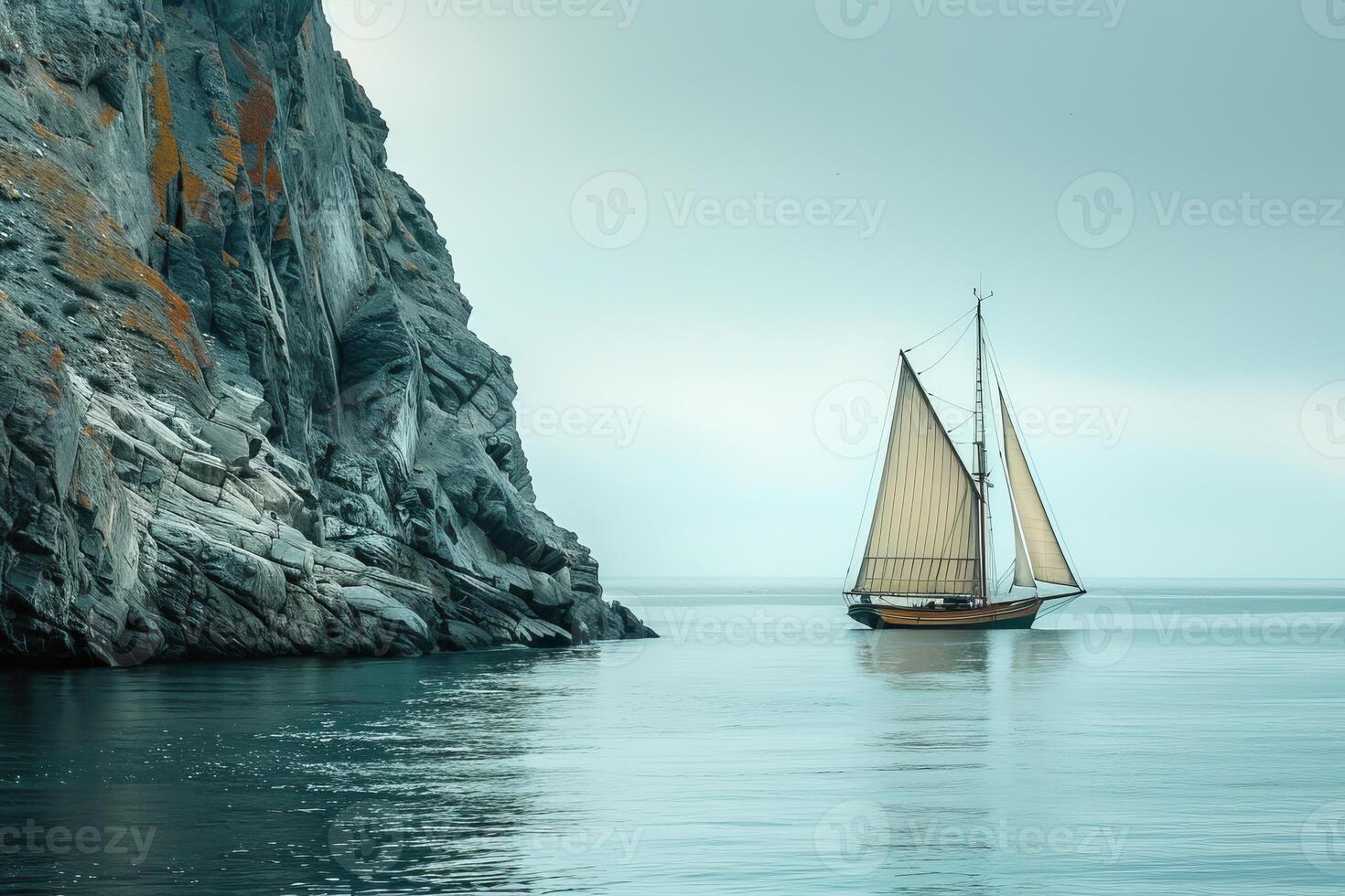 Classic sailboat is sailing on the calm ocean near a rocky cliff photo