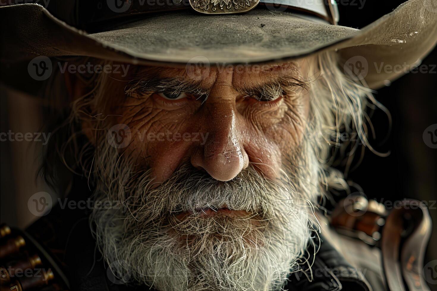 Portrait of an old west cowboy with a weathered face wearing a cowboy hat photo
