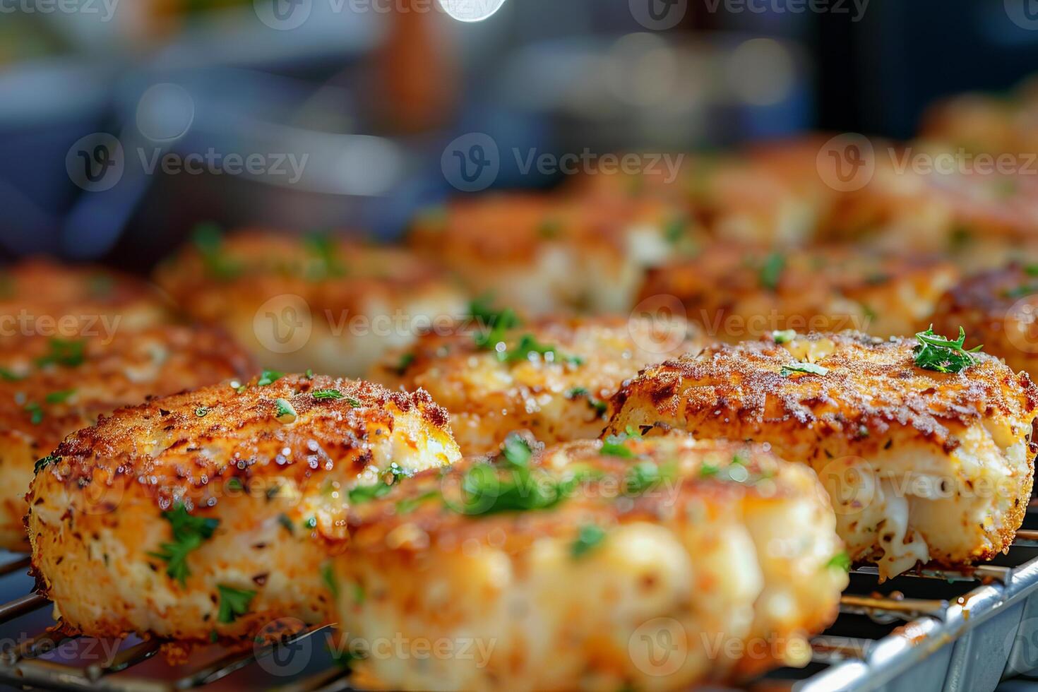 Delicious fried crab cakes cooling on a rack photo