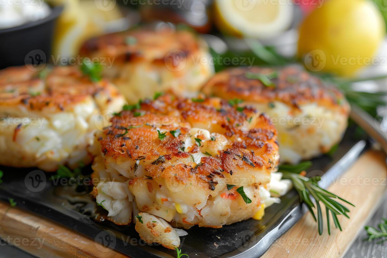 Delicious crab cakes being served on a black plate photo