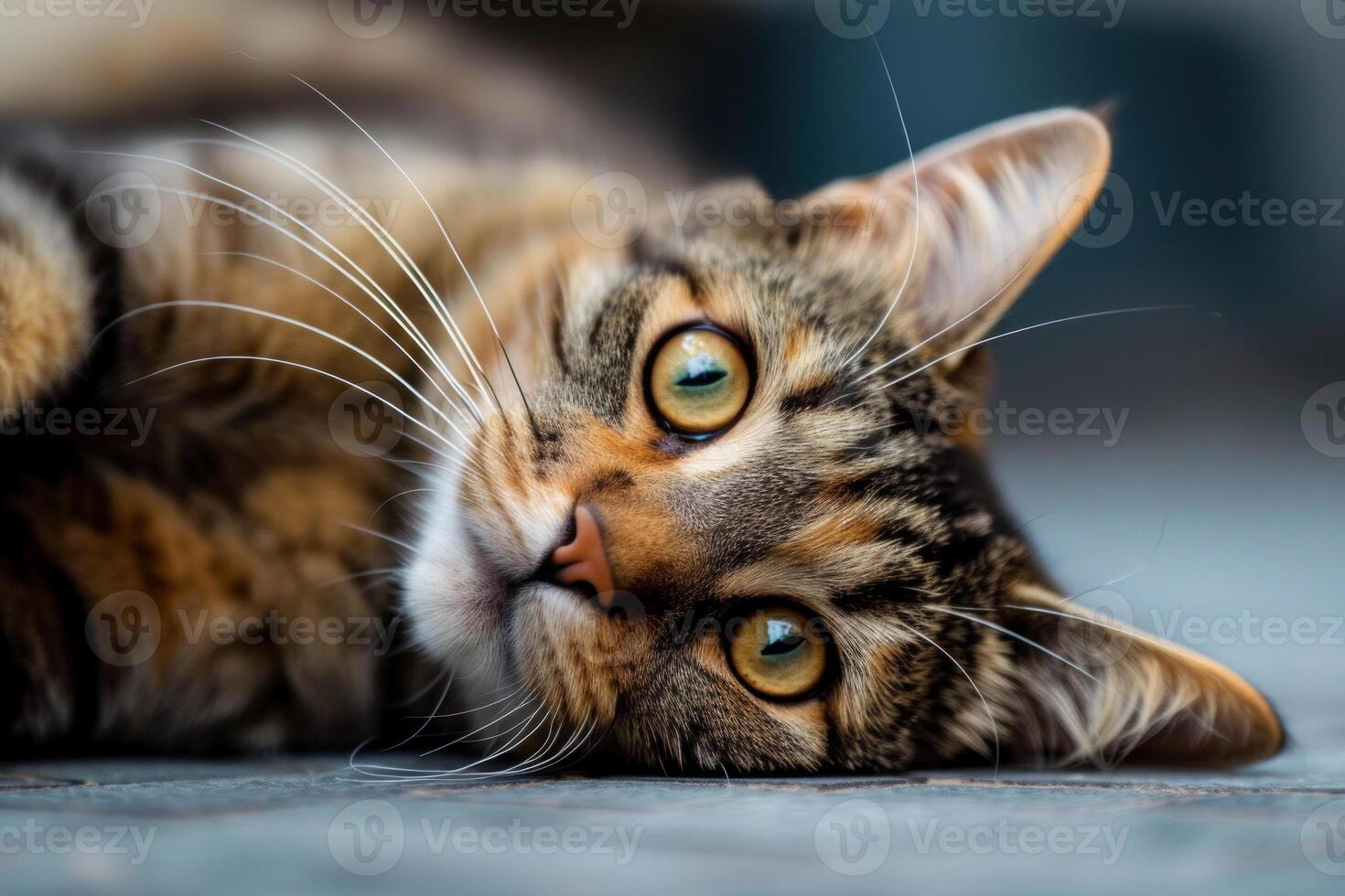 Closeup of a tabby cat lying down with focus on its captivating eyes photo