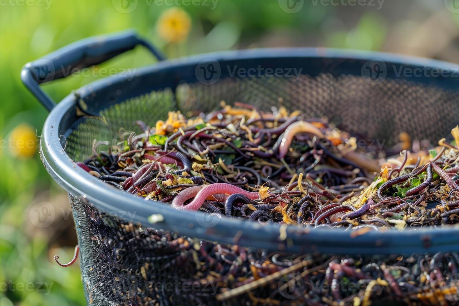 Composting worms in garden bin photo