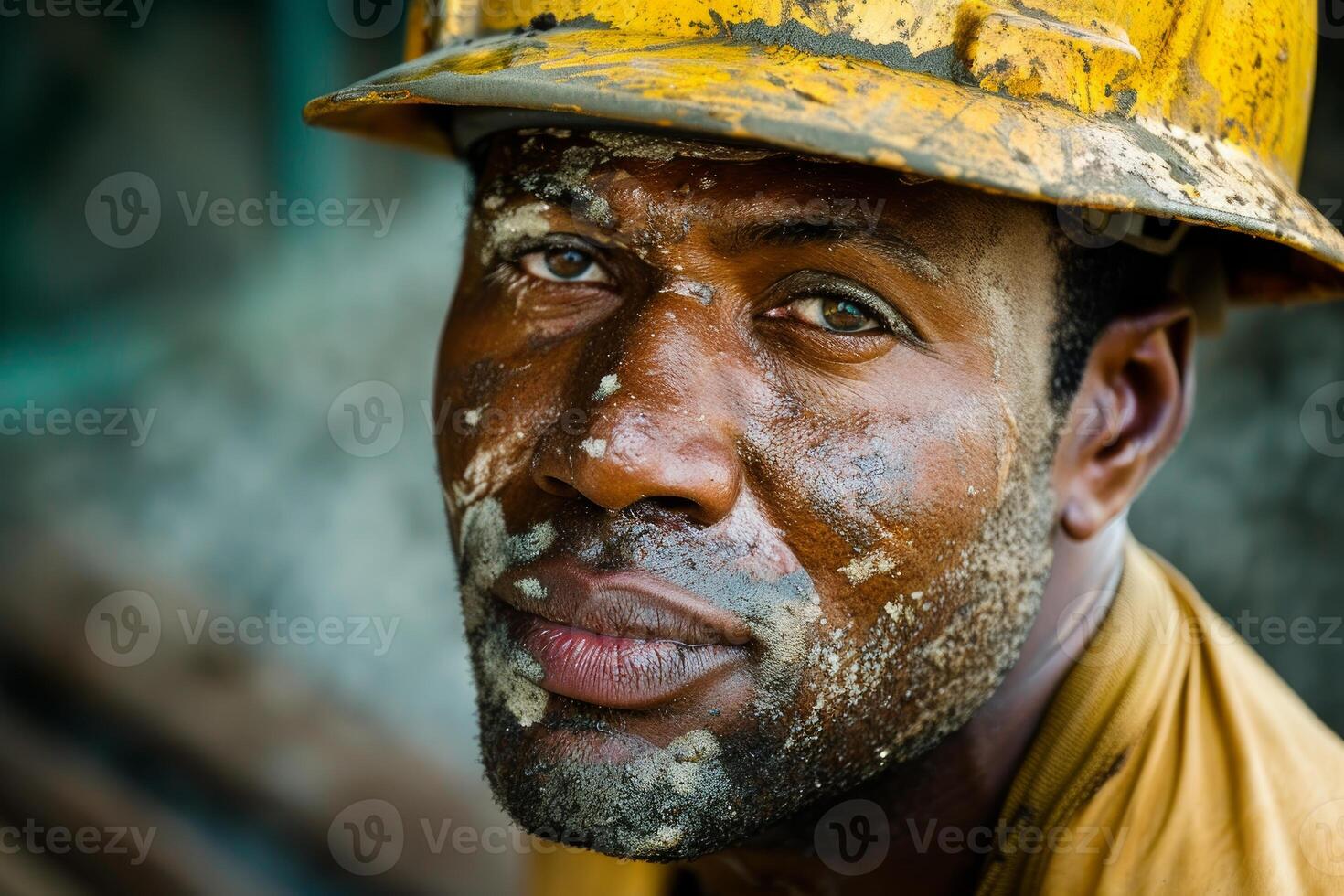 Closeup of a miner with dust on his face and helmet, showcasing determination photo