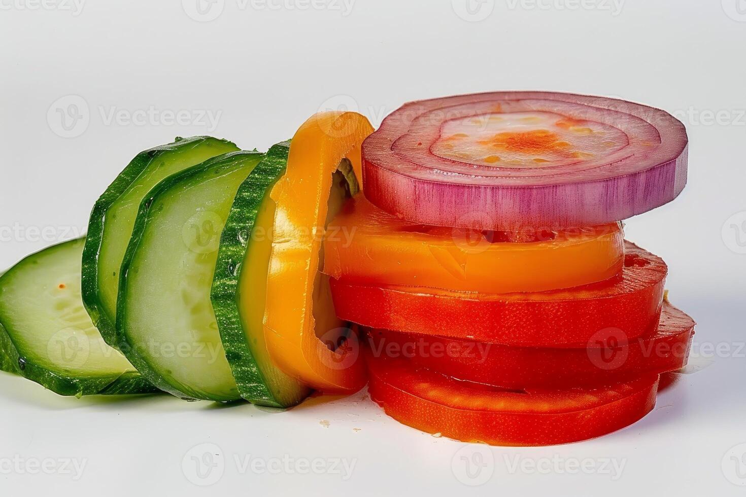 Colorful sliced vegetables on white background photo
