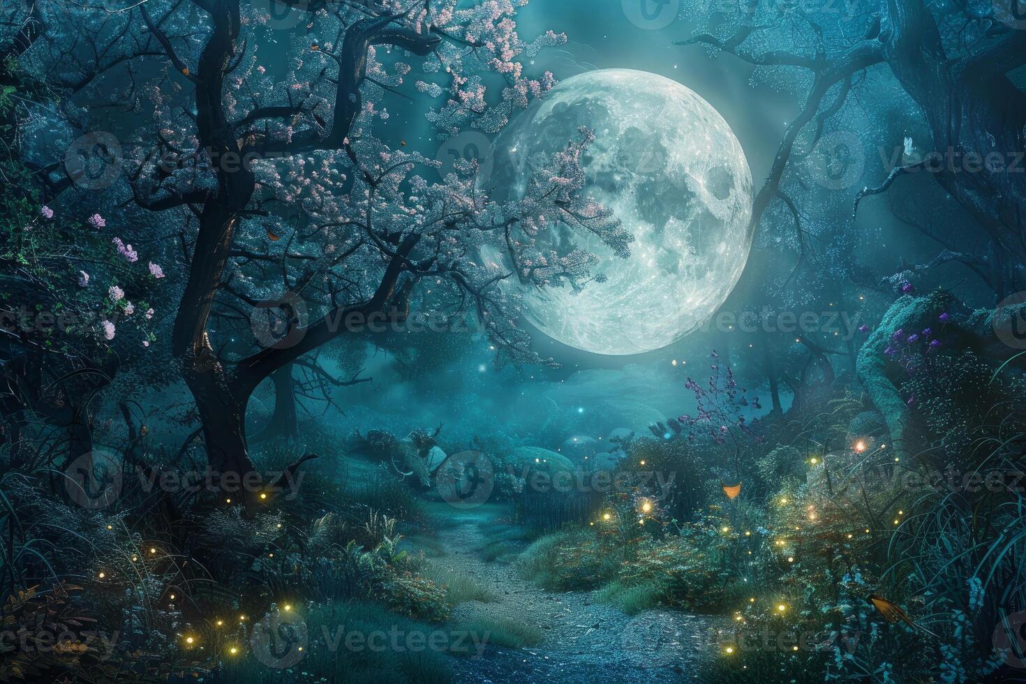 Enchanted forest path under full moon photo