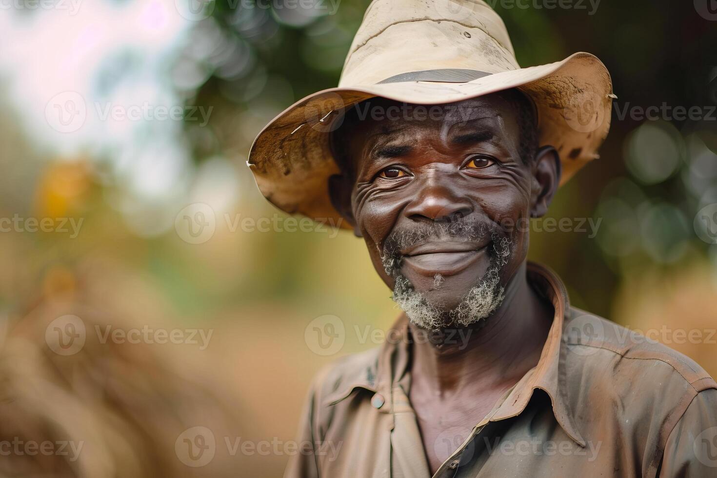 Portrait of smiling elderly man in hat outdoor photo