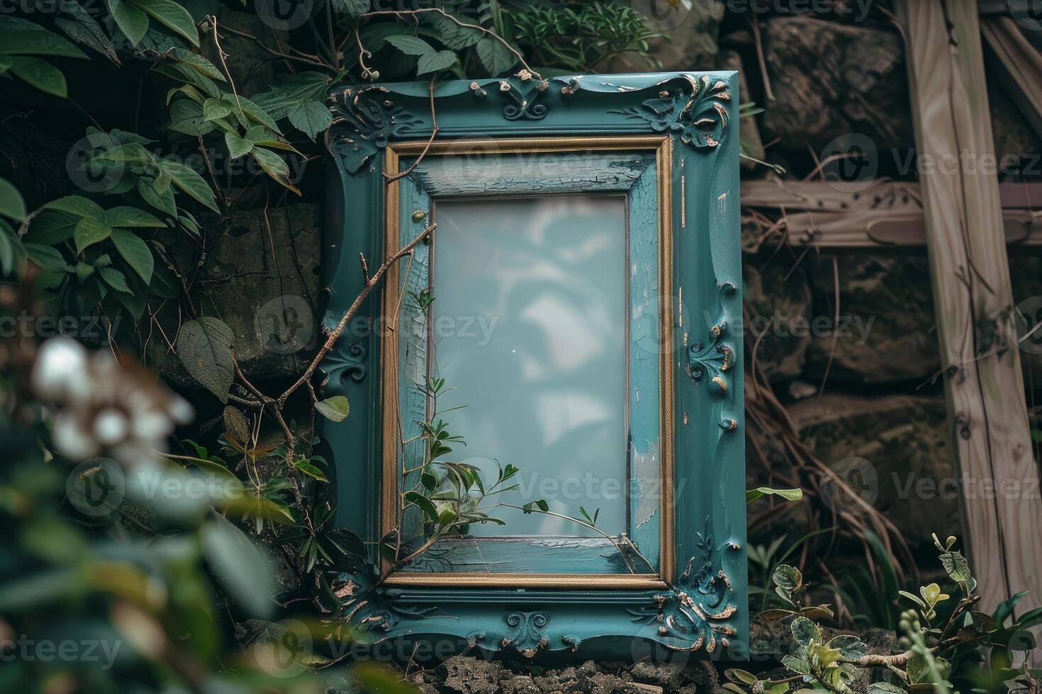 Vintage mirror in enchanted garden setting photo