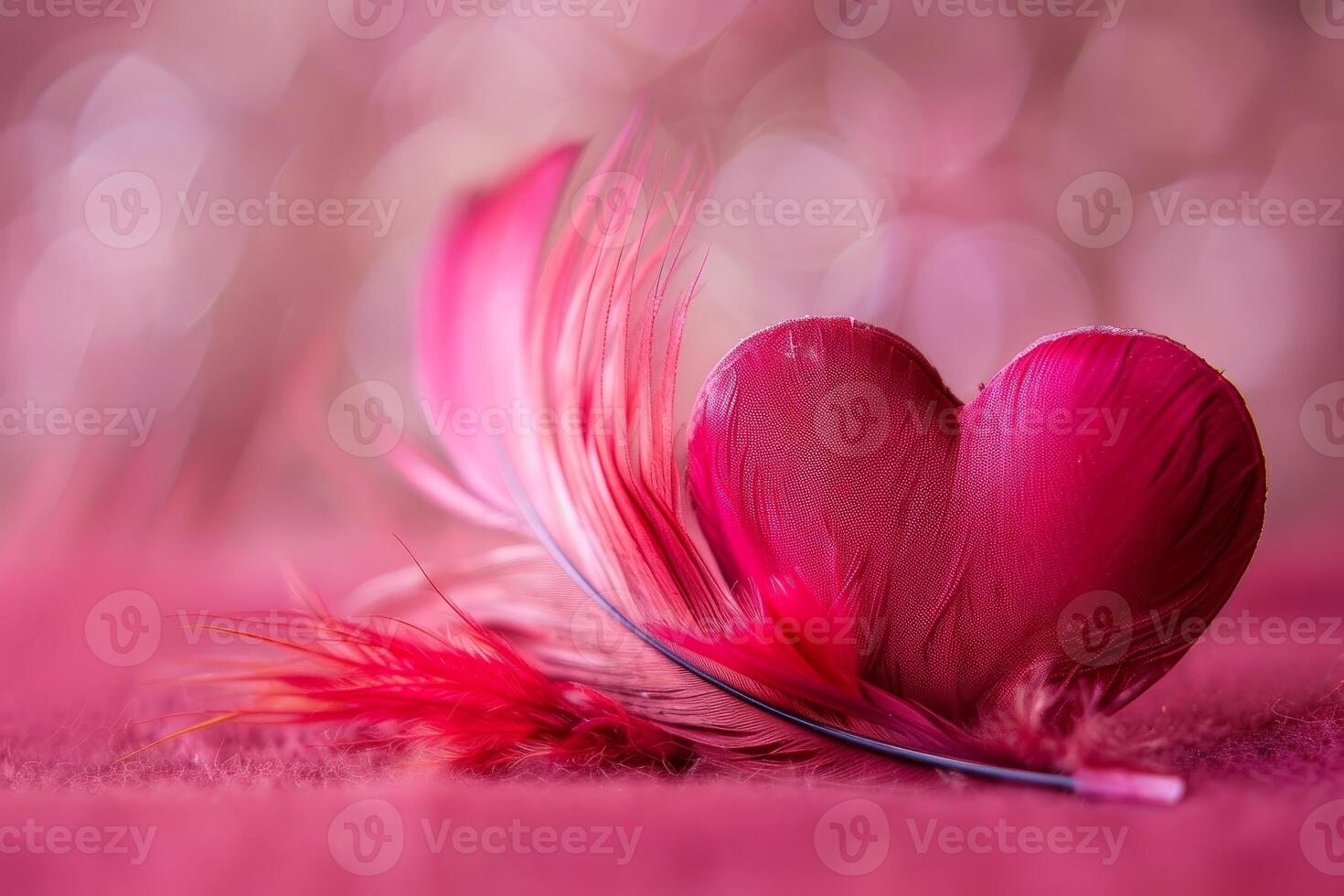 Delicate heart shape created by two pink feathers on a soft backdrop photo