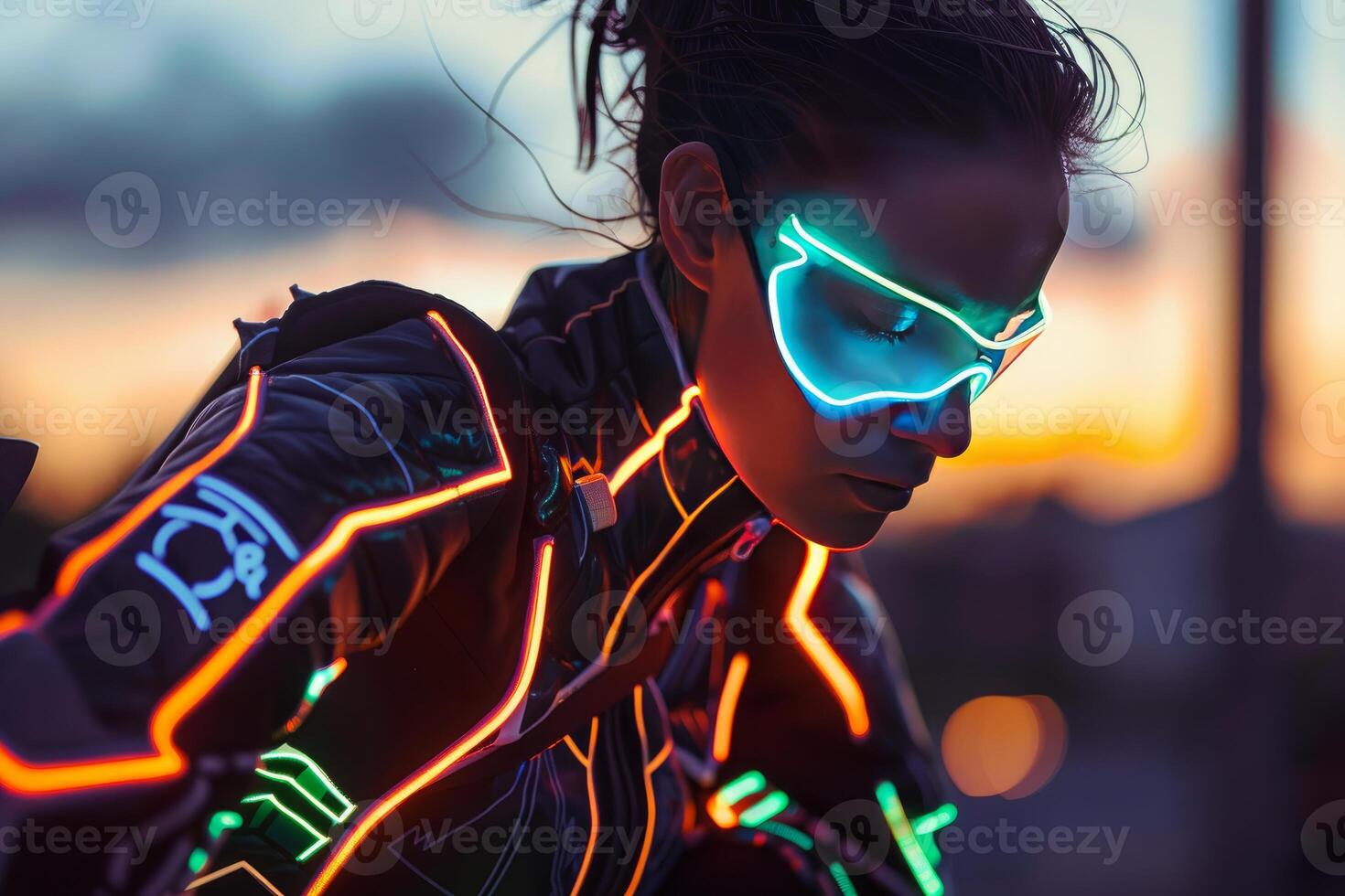 An athletic person in glowing neon sportswear prepares for a night run photo