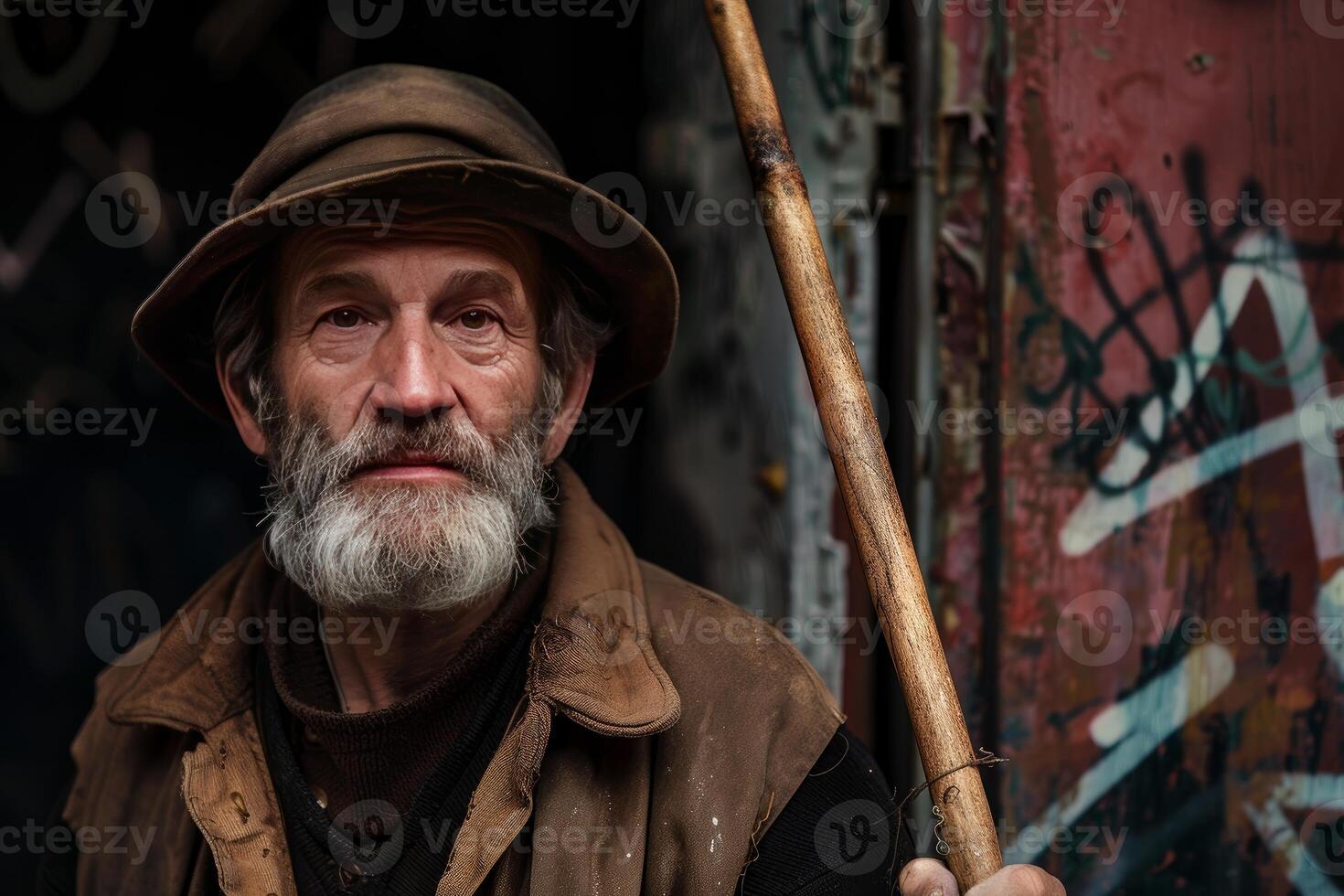 Senior farmer holding wooden stick with graffiti wall background photo