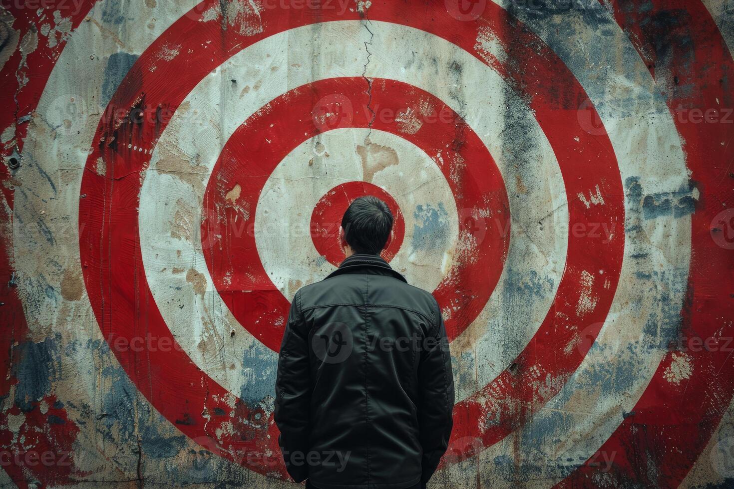 Young man standing in front of target on grunge wall photo