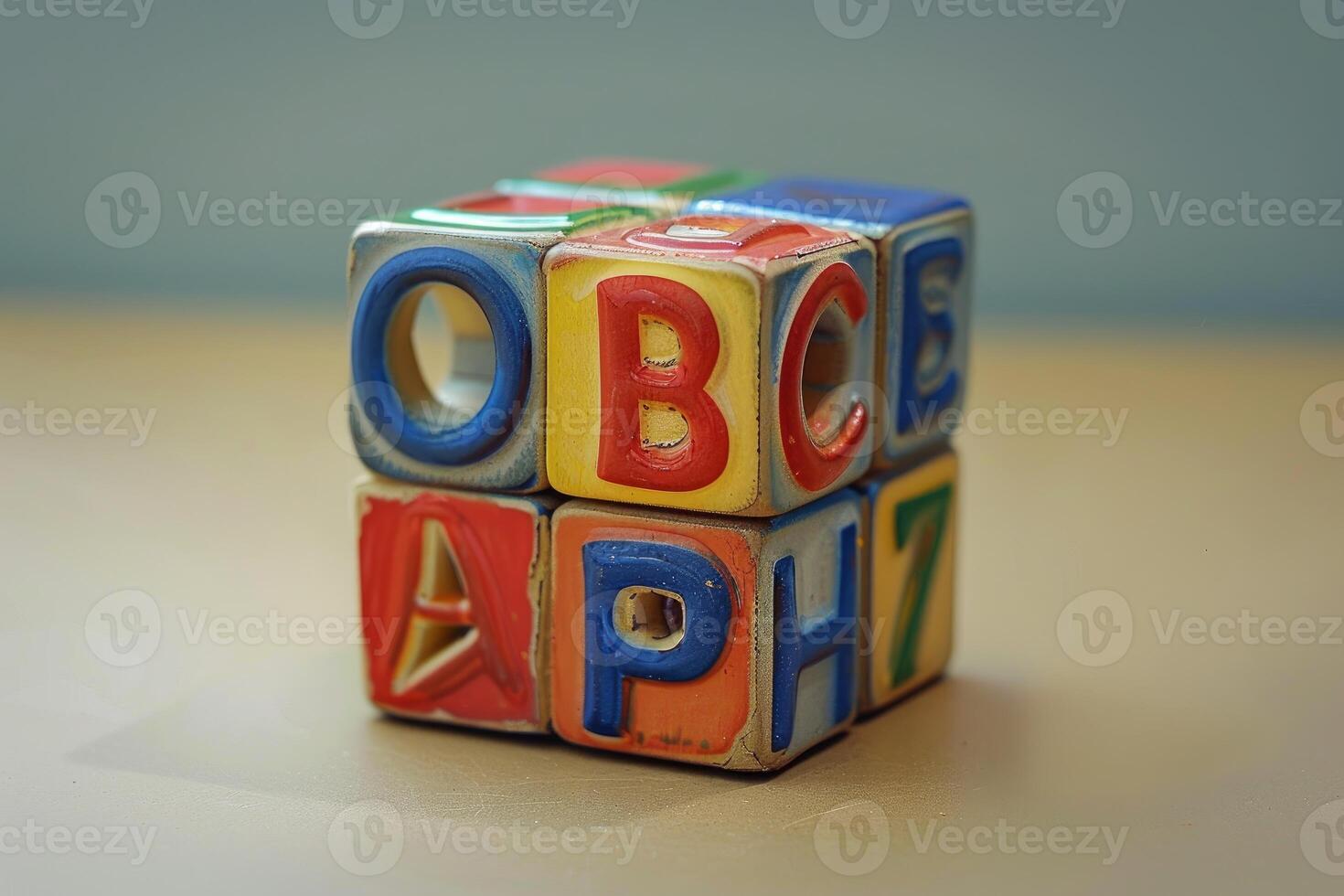 Colorful alphabet blocks are sitting on a table photo