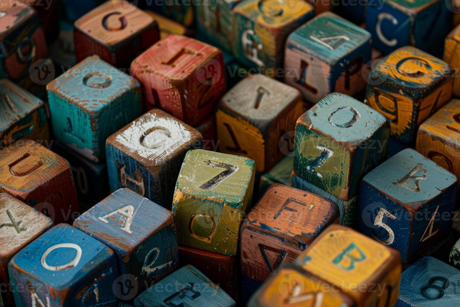 Colorful alphabet blocks forming random letters and numbers photo