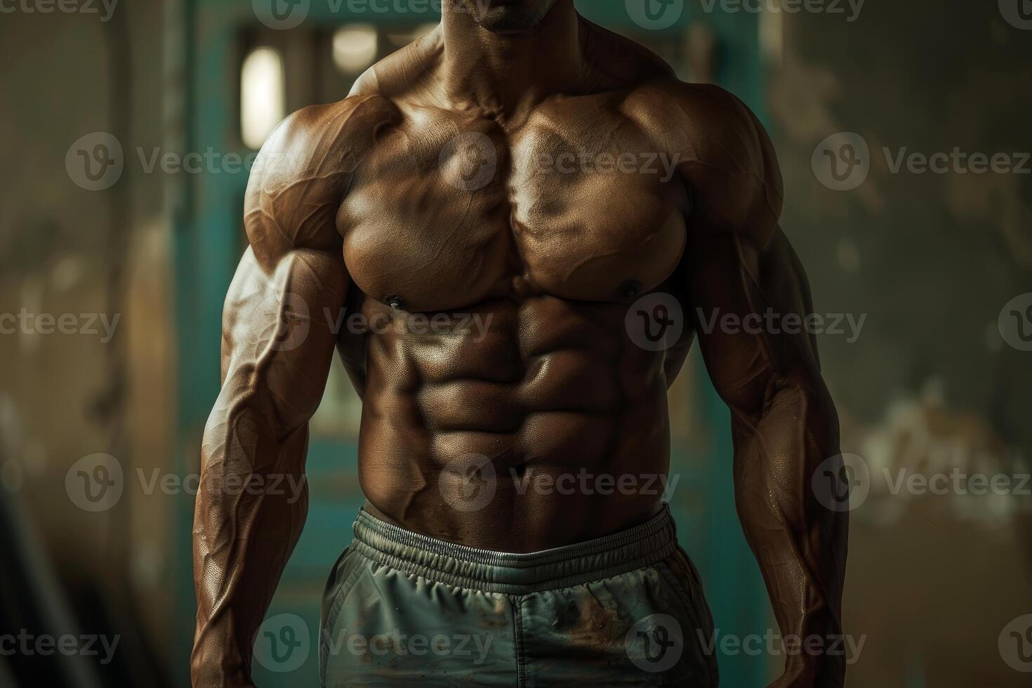 Bodybuilder showing his muscles after intense workout session photo