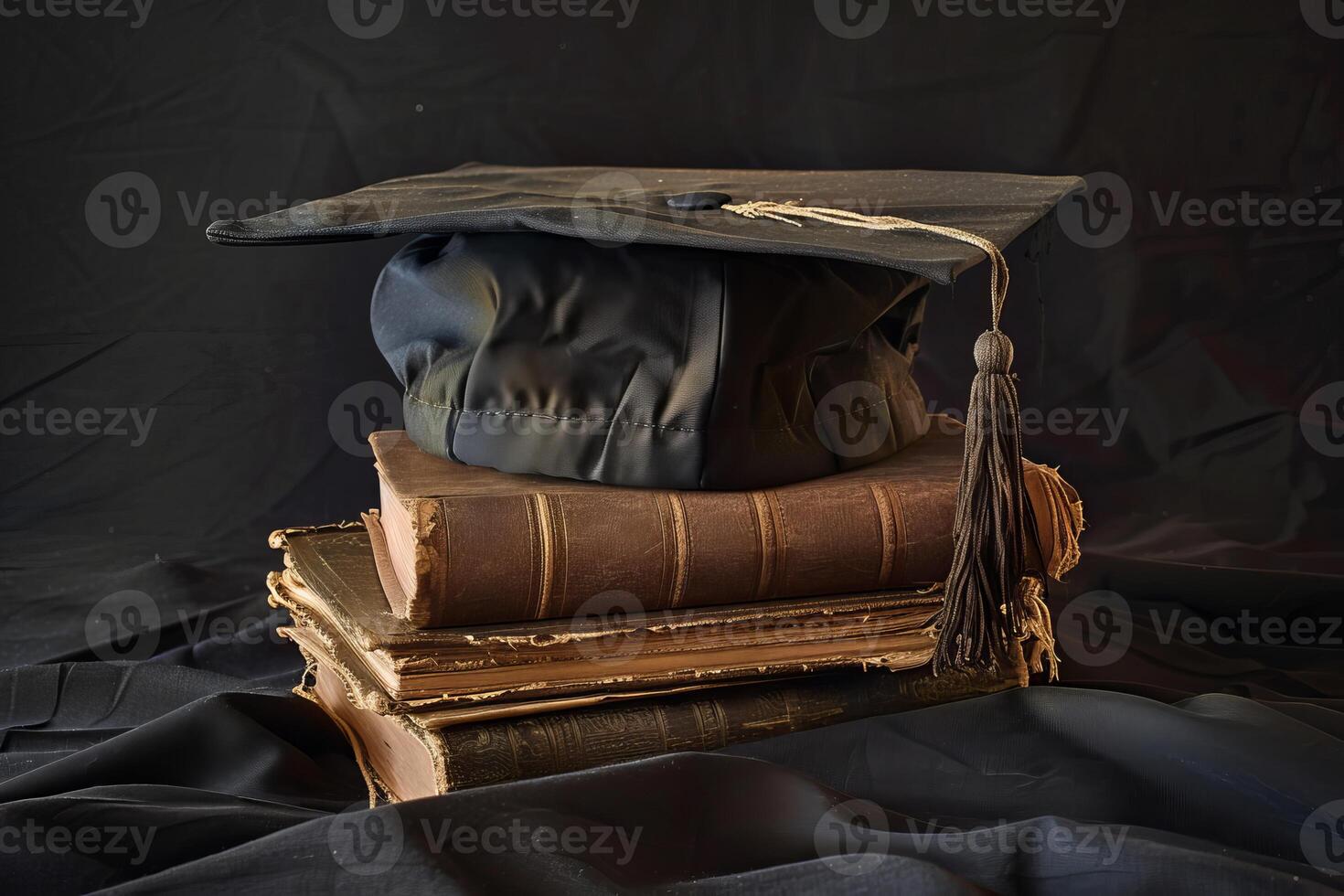Graduation cap sitting on stack of old books symbolizing higher education photo