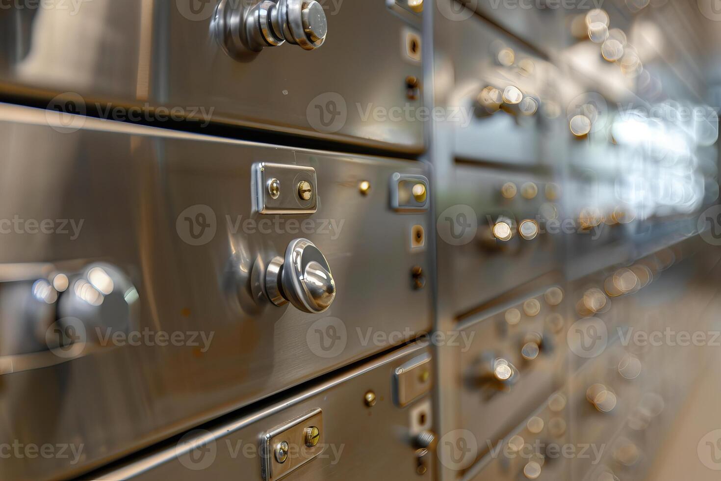 Rows of safety deposit boxes secured with combination locks protecting valuables photo