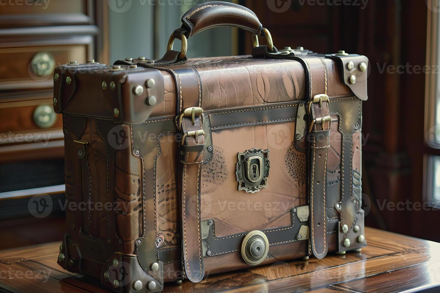 Vintage leather suitcase sitting on wooden table in room photo