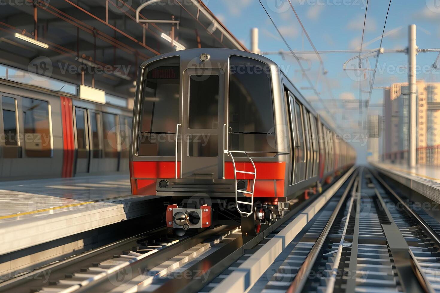 Modern subway train arriving at station platform photo