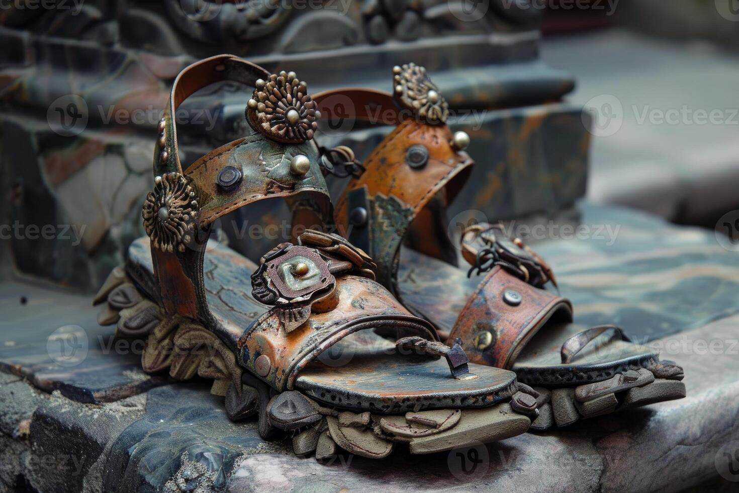 Pair of handmade leather sandals with metal ornaments resting on stone surface photo