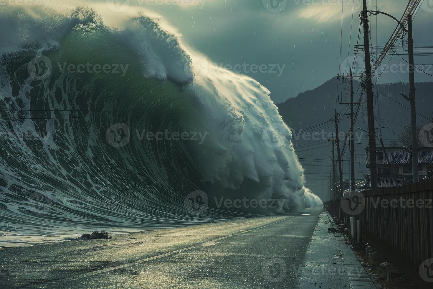 Giant tsunami wave approaching road in coastal town photo