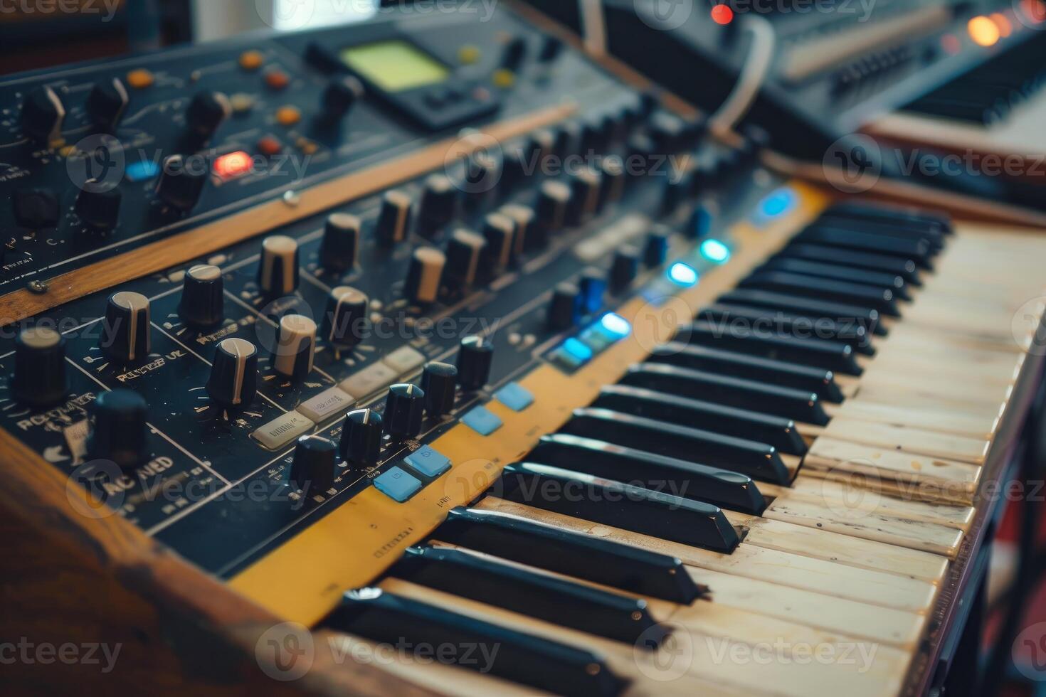 Vintage synthesizer keyboard is illuminated with blue lights photo