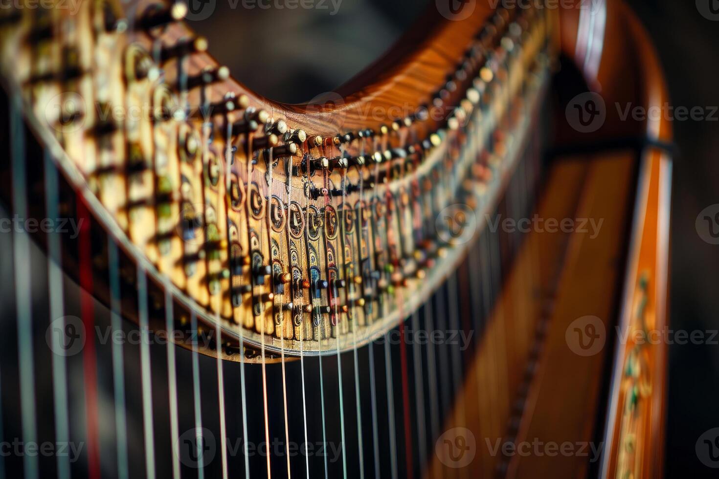 Harp strings showing tuning pins on a celtic harp neck close up photo