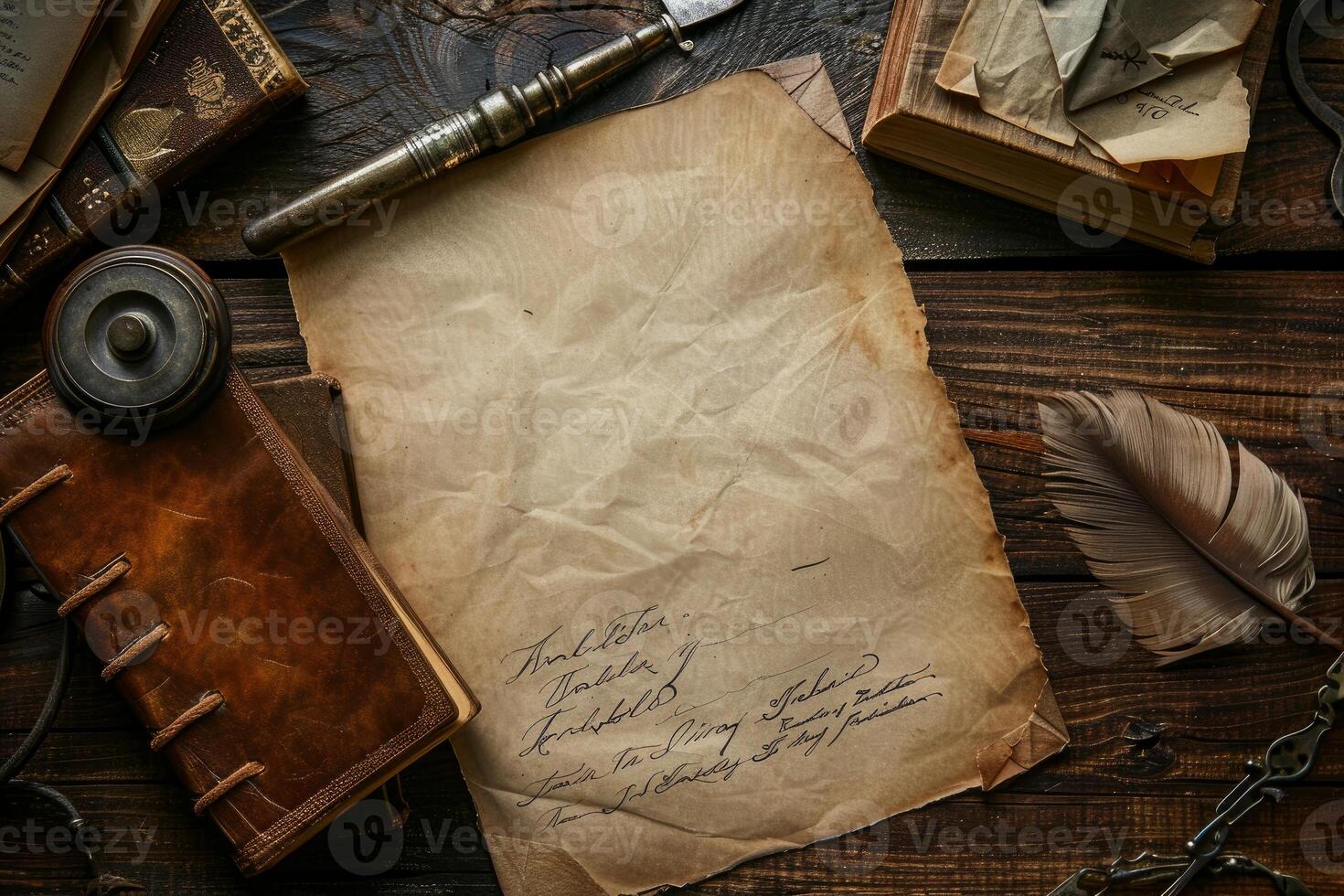 Old crumpled paper lying on wooden desk with feather and inkwell photo