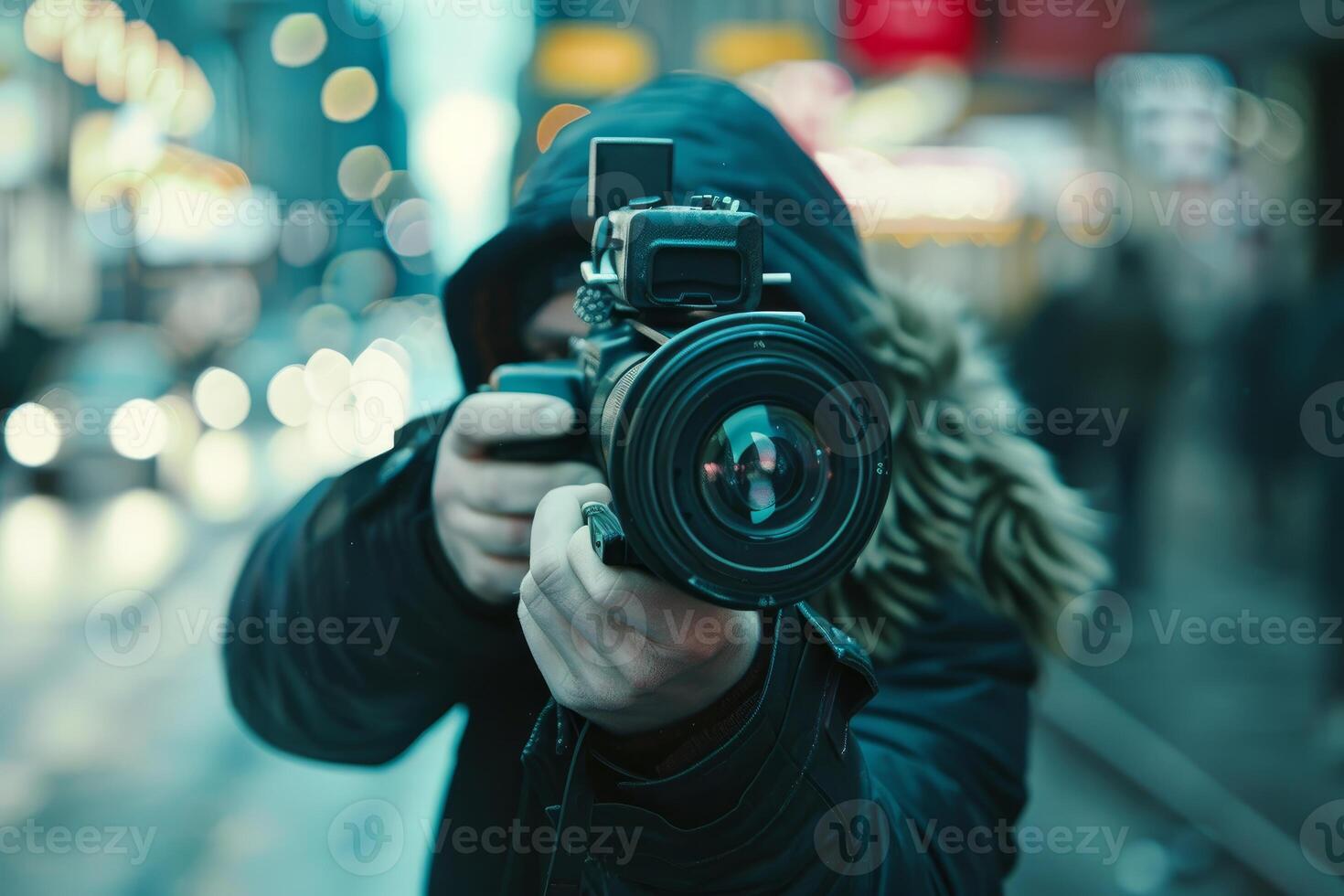 Videographer using steadycam is filming on city street photo