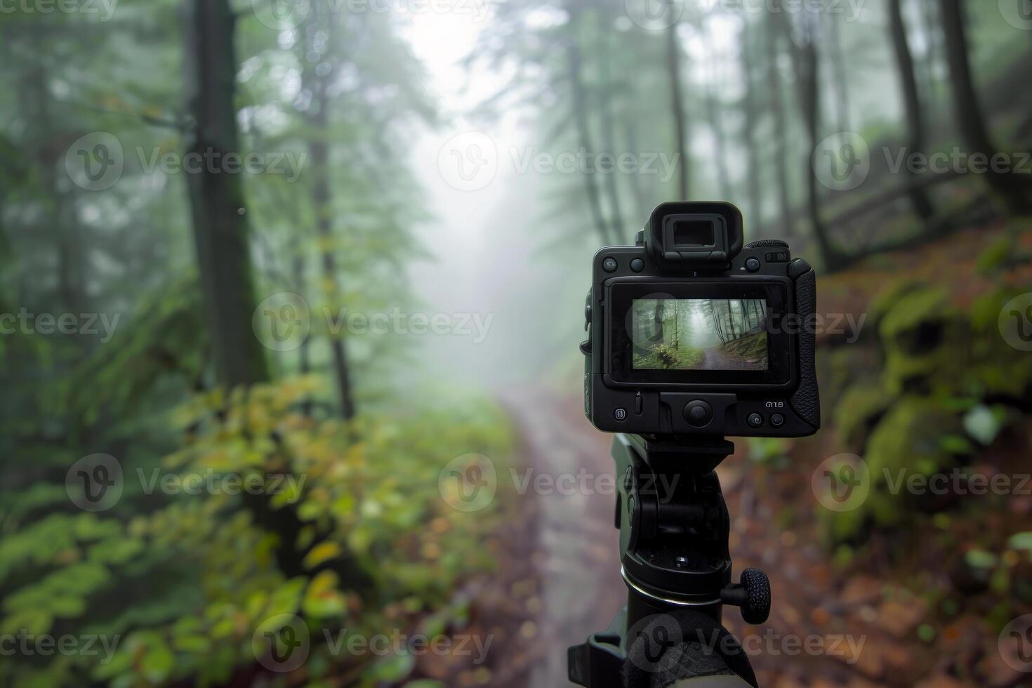 Photographer capturing foggy forest path with professional camera photo