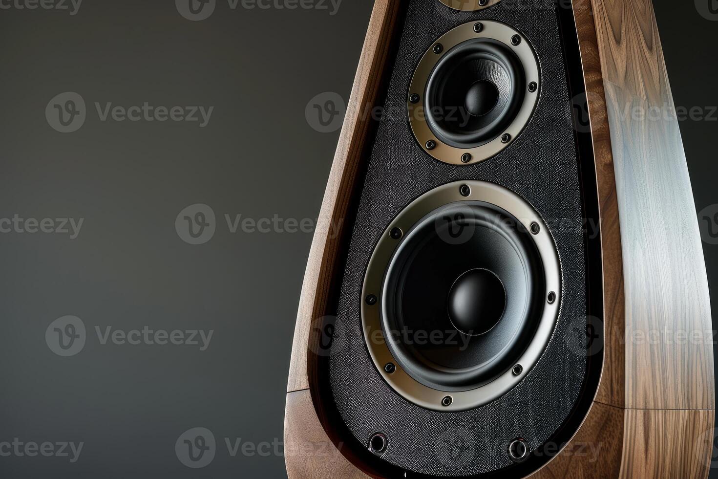 High end audiophile speaker system playing music on gray background photo