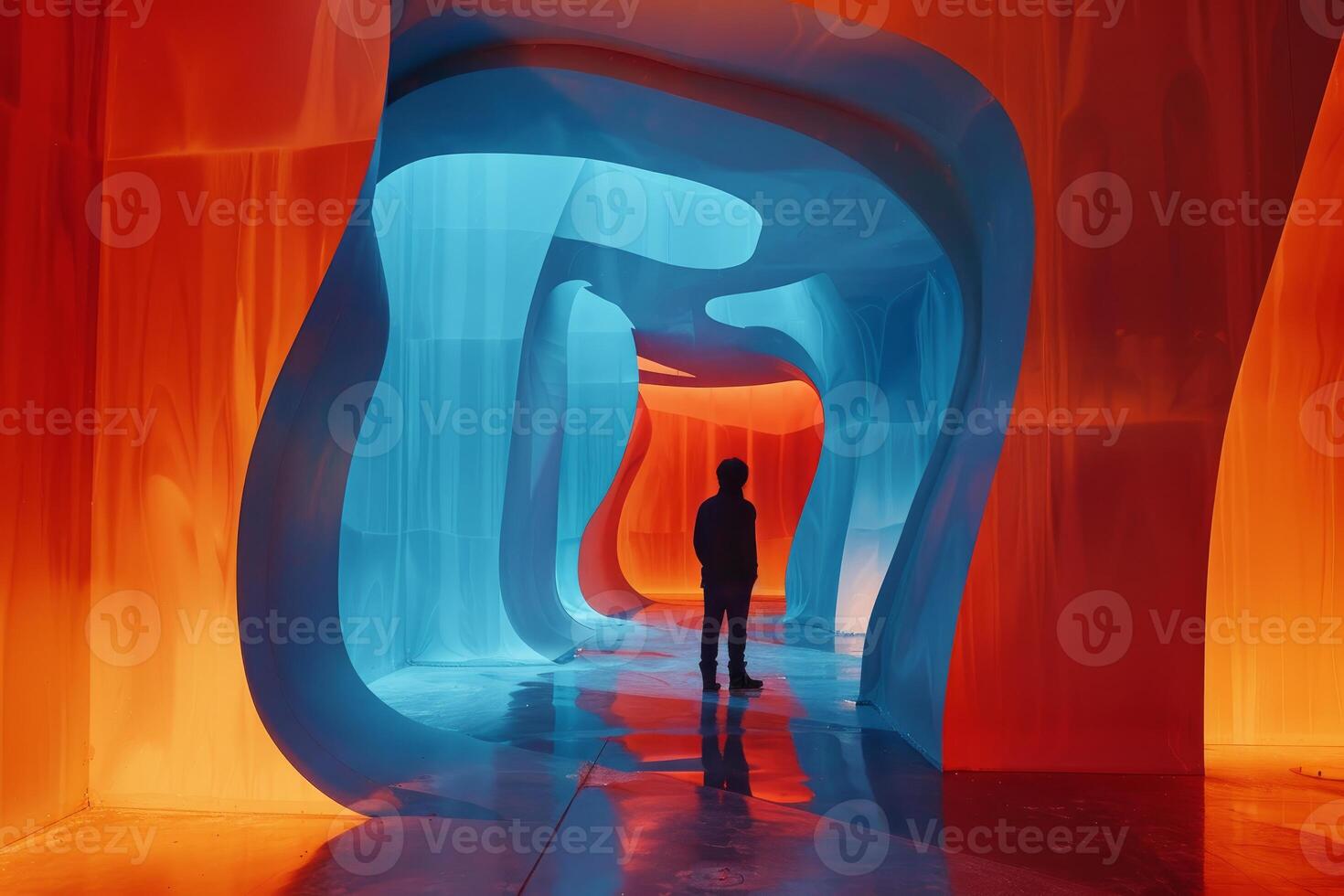 Visitor standing in futuristic glowing corridor of modern building photo