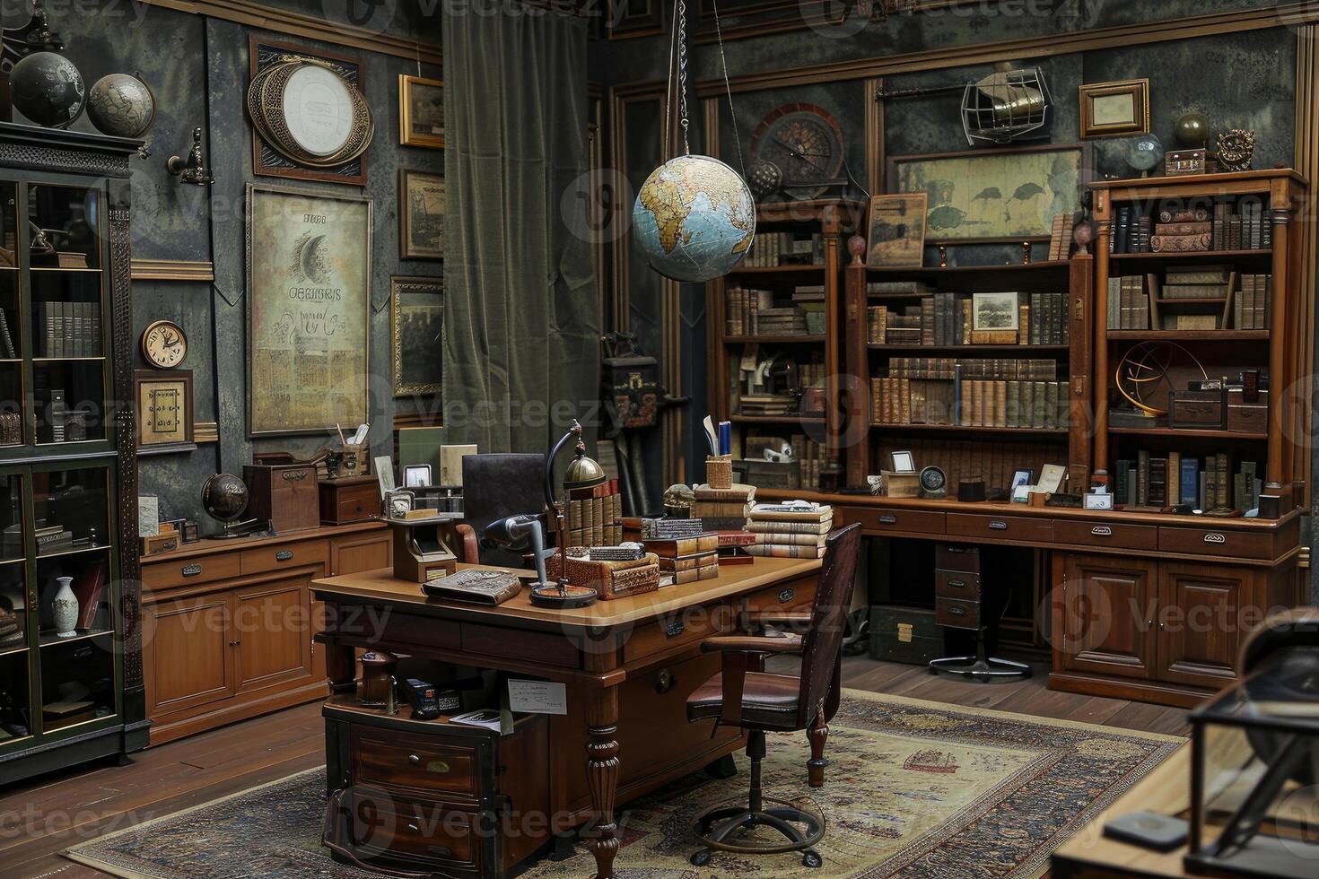 Explorer working at desk in his cozy vintage office surrounded by books and maps photo