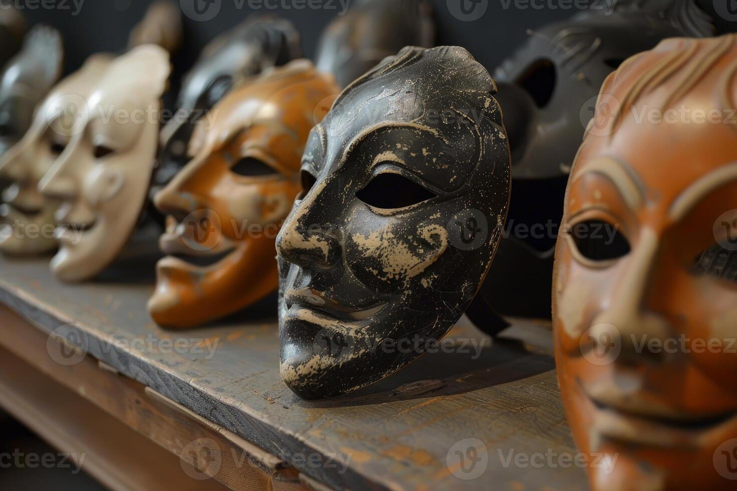 Row of theatrical masks sitting on rustic wooden shelf photo