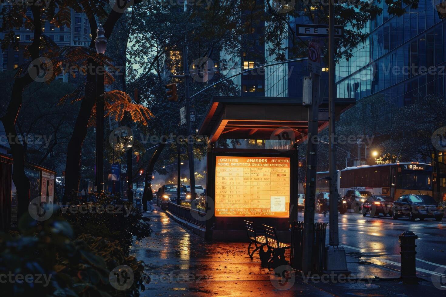 Illuminated bus stop glowing on rainy city street at night photo