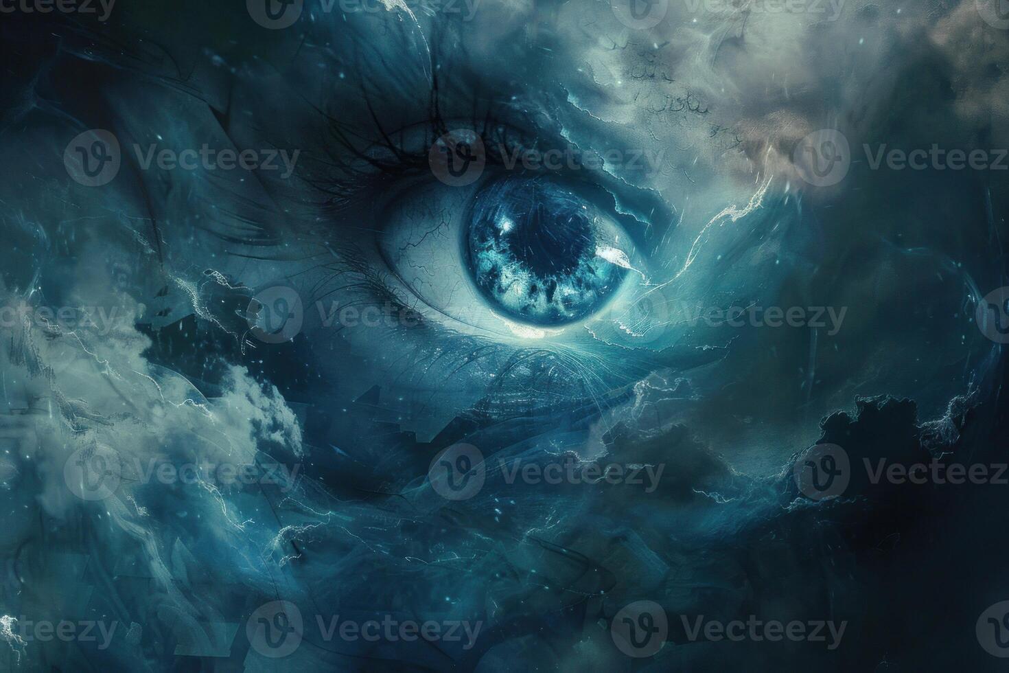 Blue eye watching stormy clouds in surreal double exposure photo