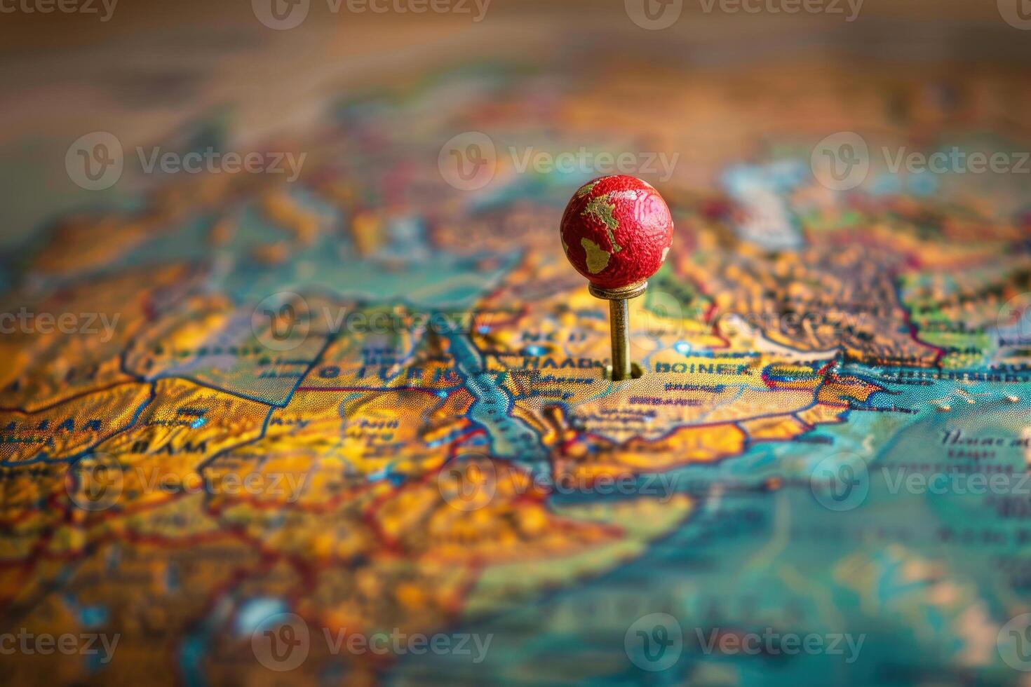 Red push pin pointing location on world map photo