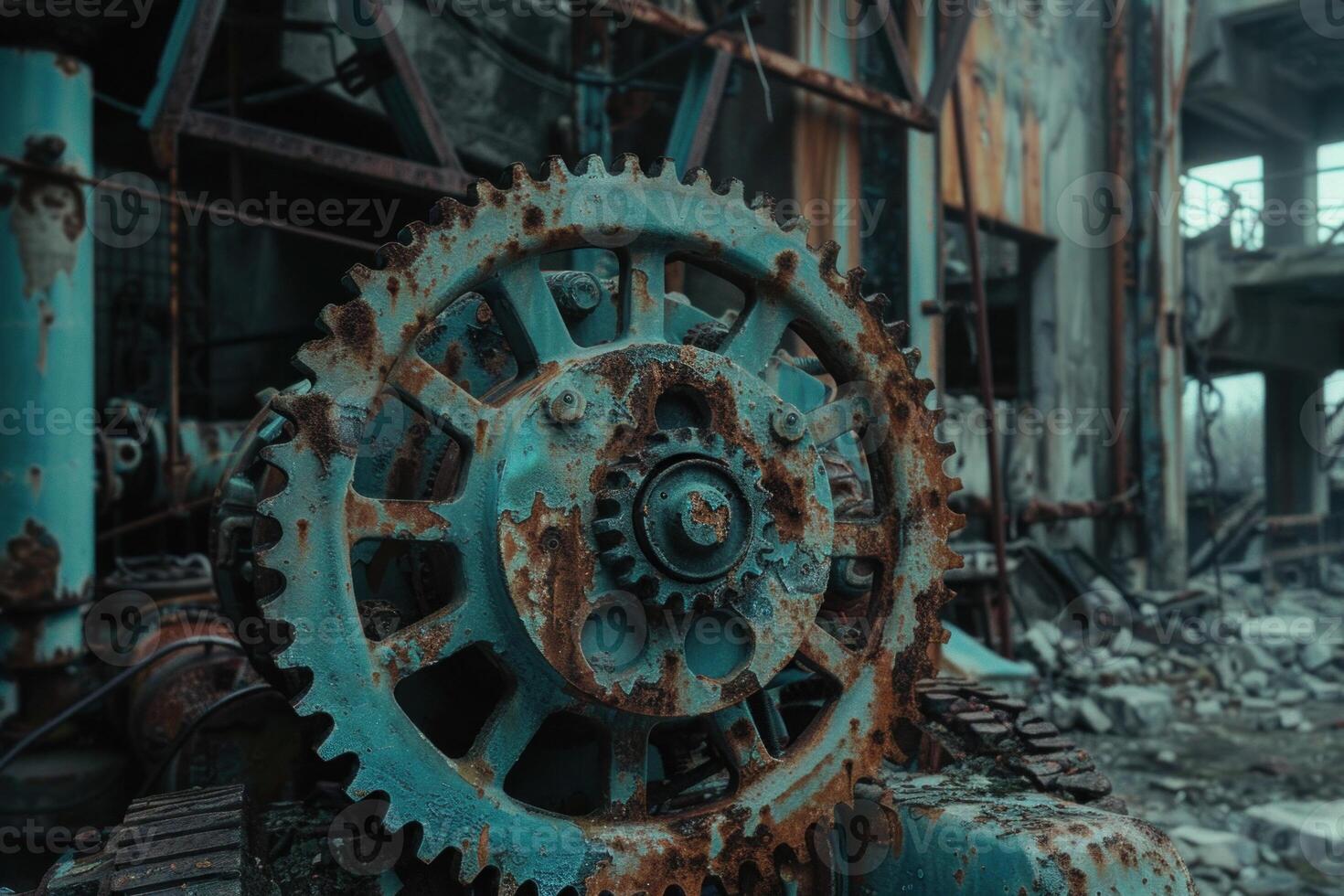 Rusty gear sitting in abandoned industrial factory photo