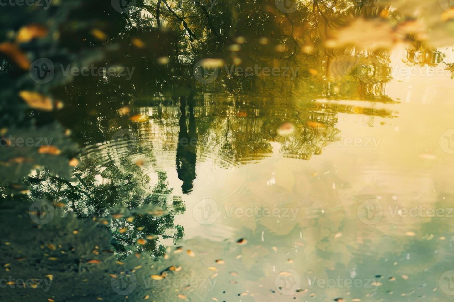 Silhouette of a man walking in a puddle reflecting trees and sky photo