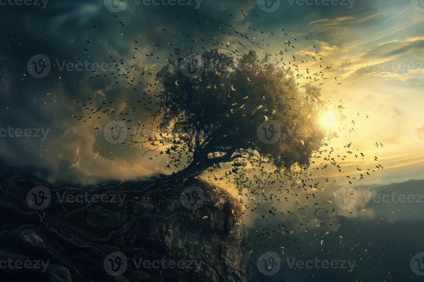 Lone tree standing strong on a cliff with birds flying around at sunset photo