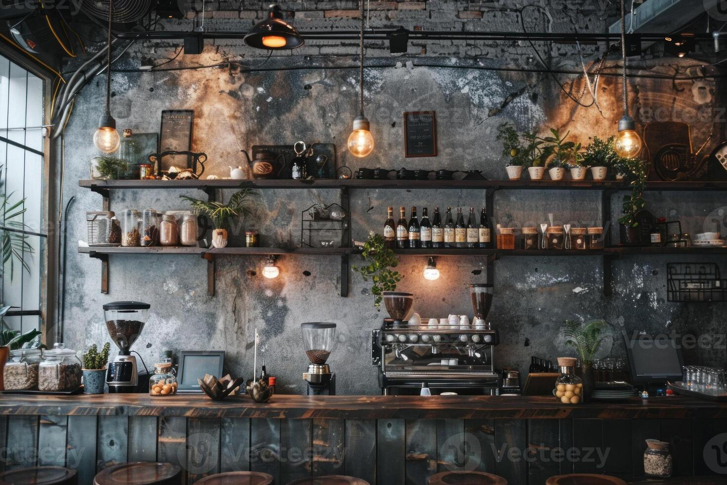 Empty industrial style coffee shop interior with nobody present photo