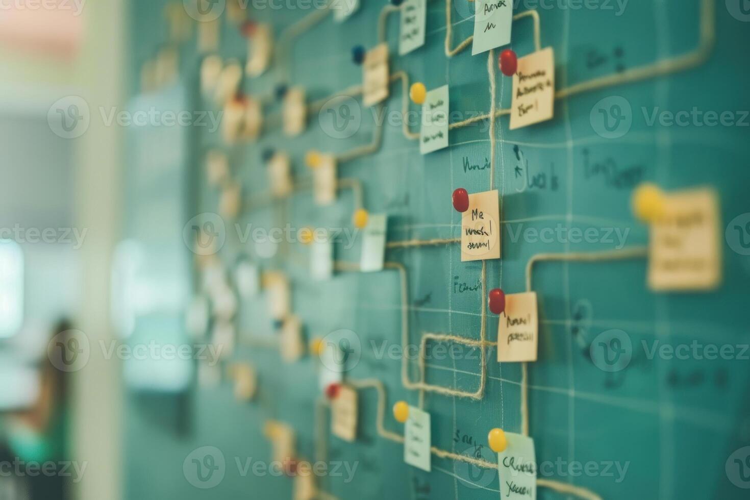 Team connecting ideas on kanban board for project management photo