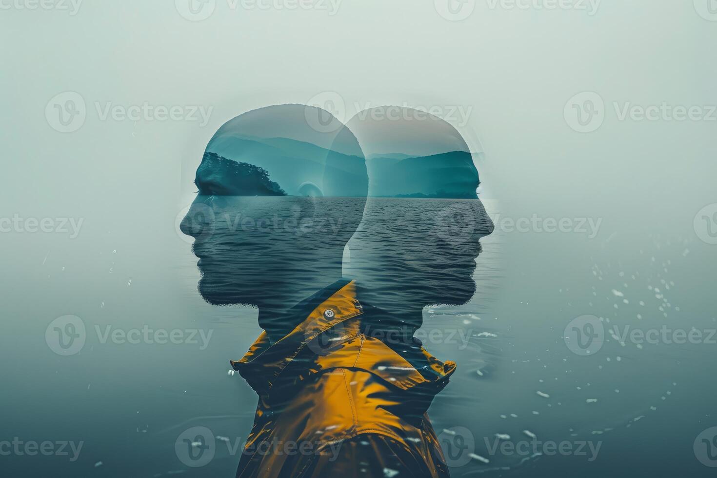 Man standing with reflection showing nature scene inside of head photo