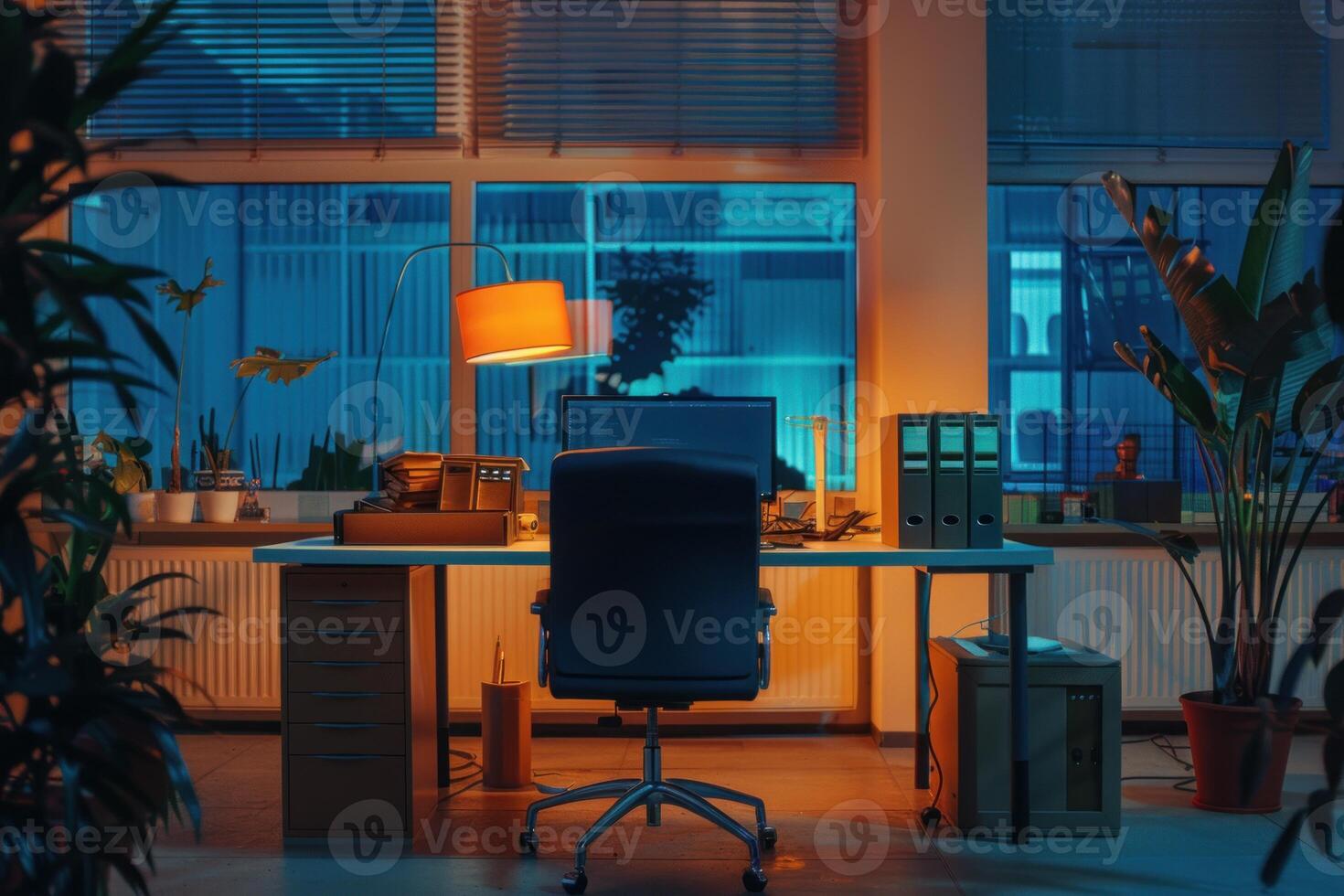 Empty modern open space office with computers and big windows at night time photo