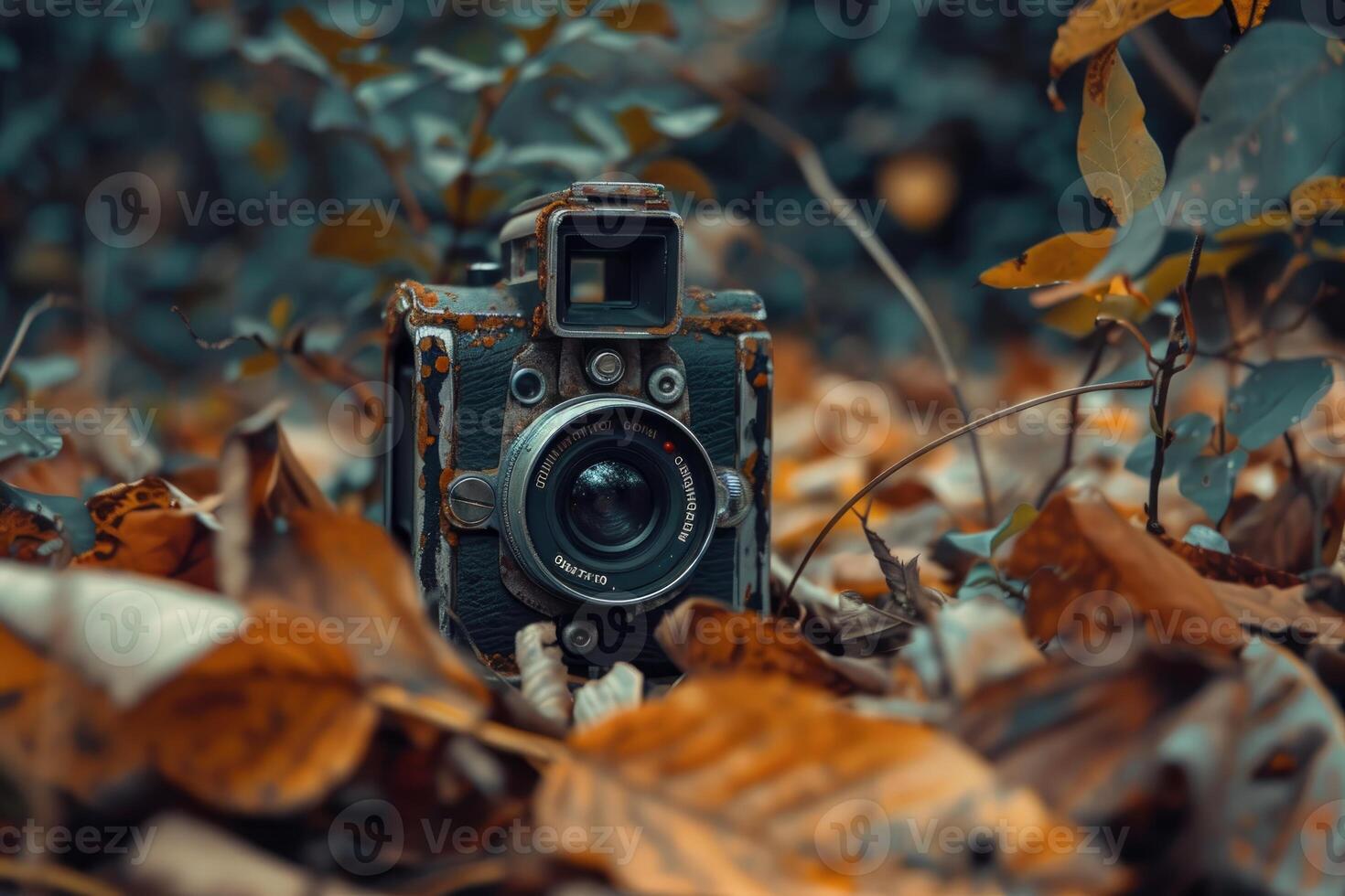 Old retro style camera lying on autumn leaves photo