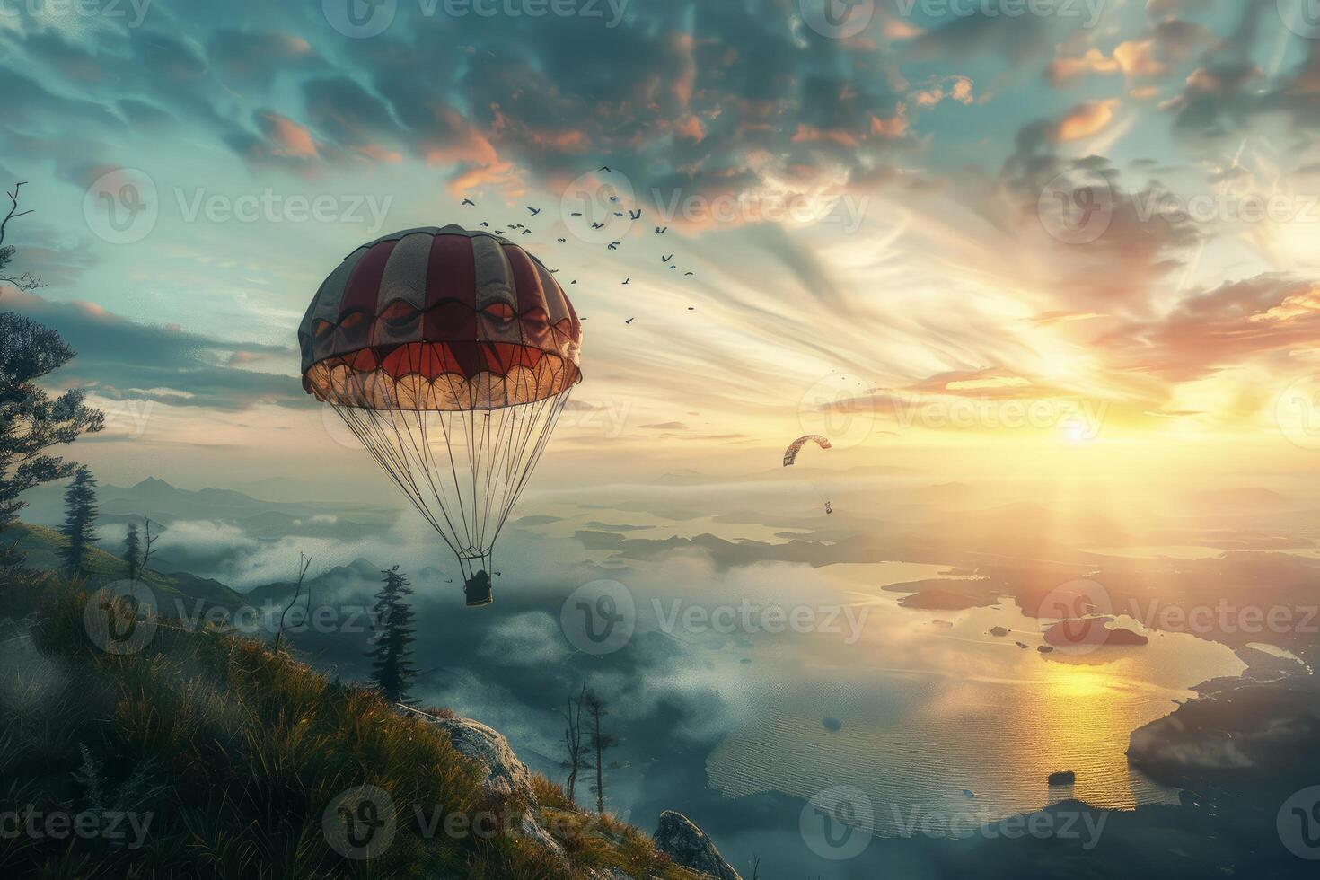 People paragliding over foggy mountains at sunset photo