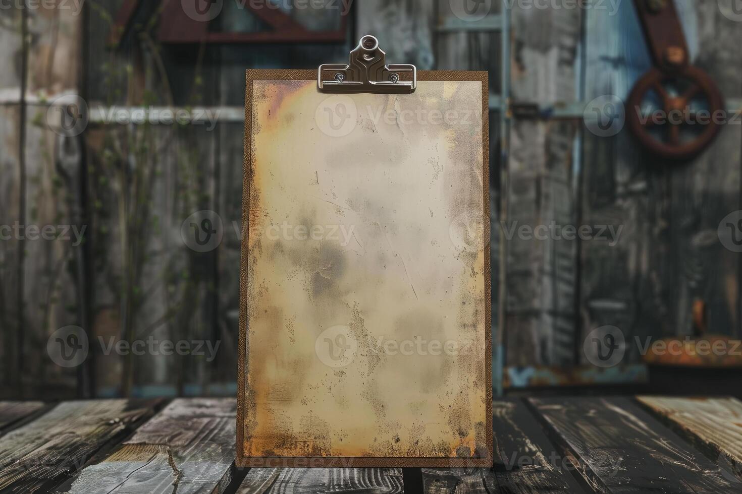 Old clipboard with blank paper on rustic wooden table with grunge background photo