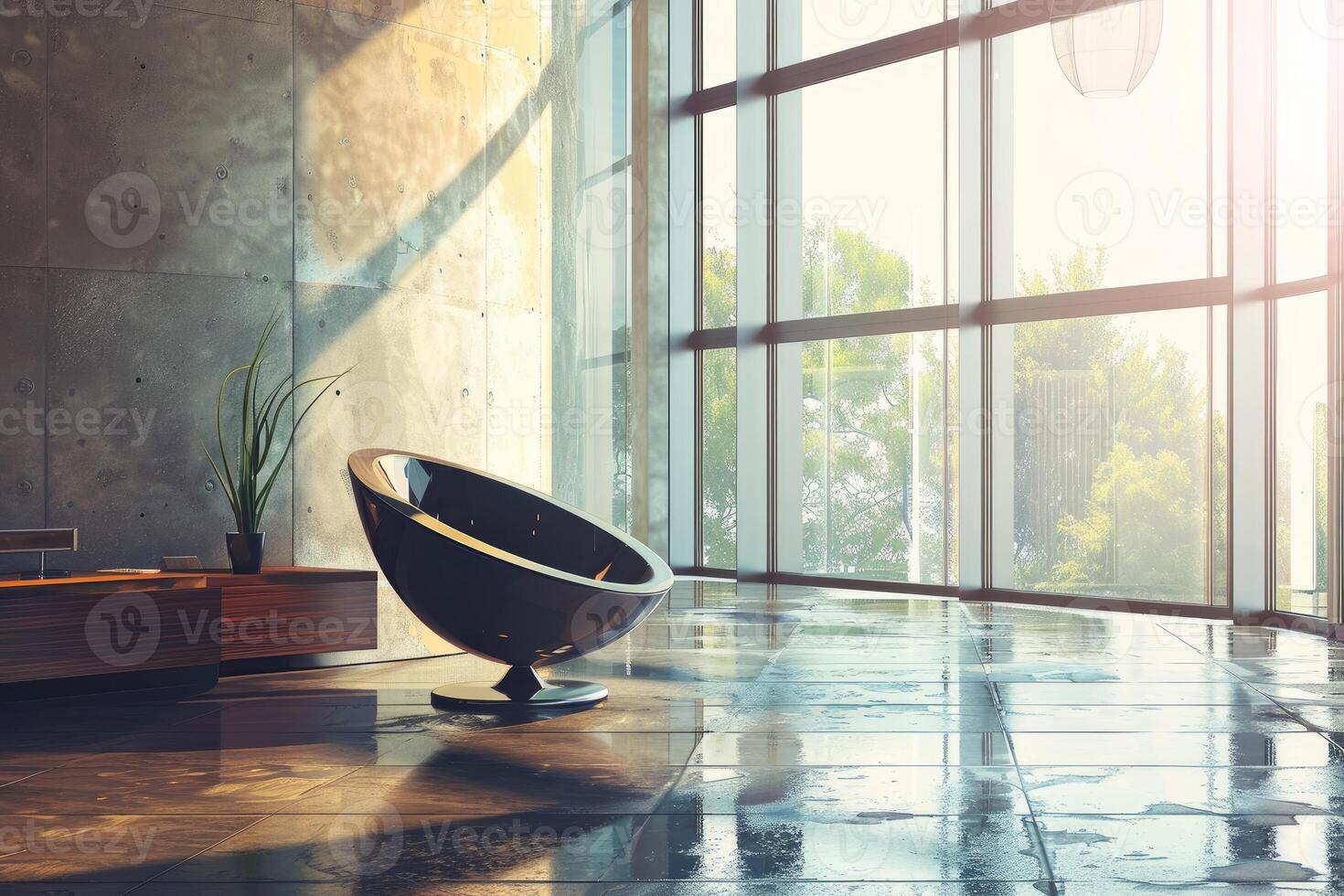 Sunlight entering modern empty apartment with big window photo