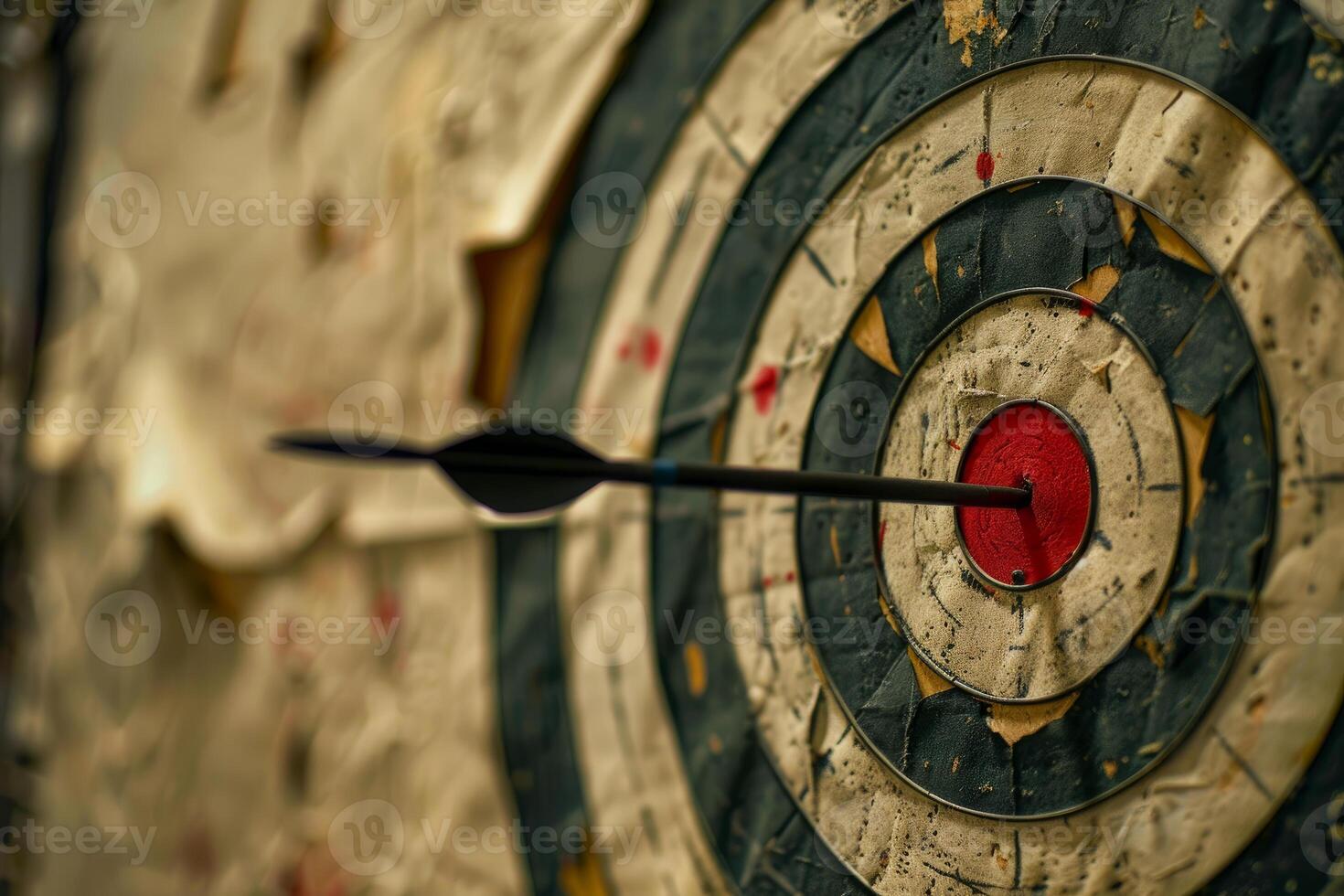 Black arrow hitting the center of an old target on wood background photo