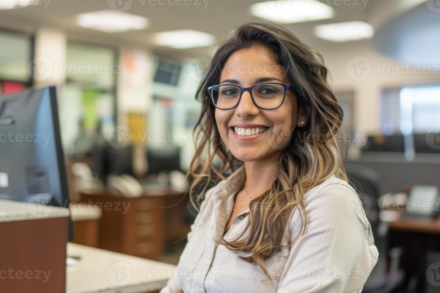 Businesswoman smiling while working at office desk photo