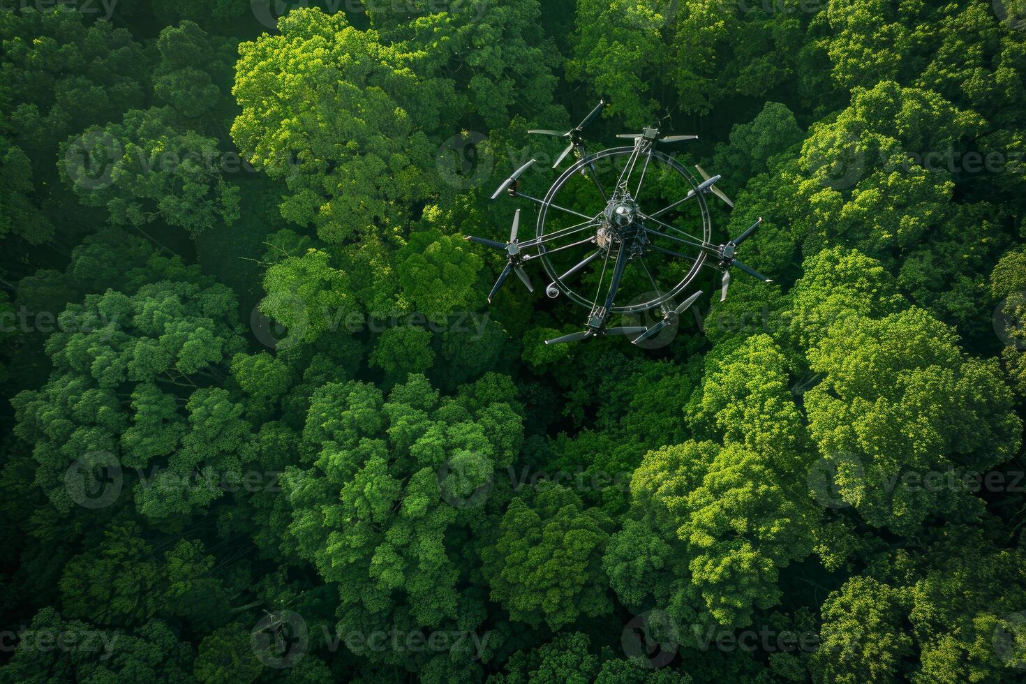 Drone flying above forest canopy taking photos for science